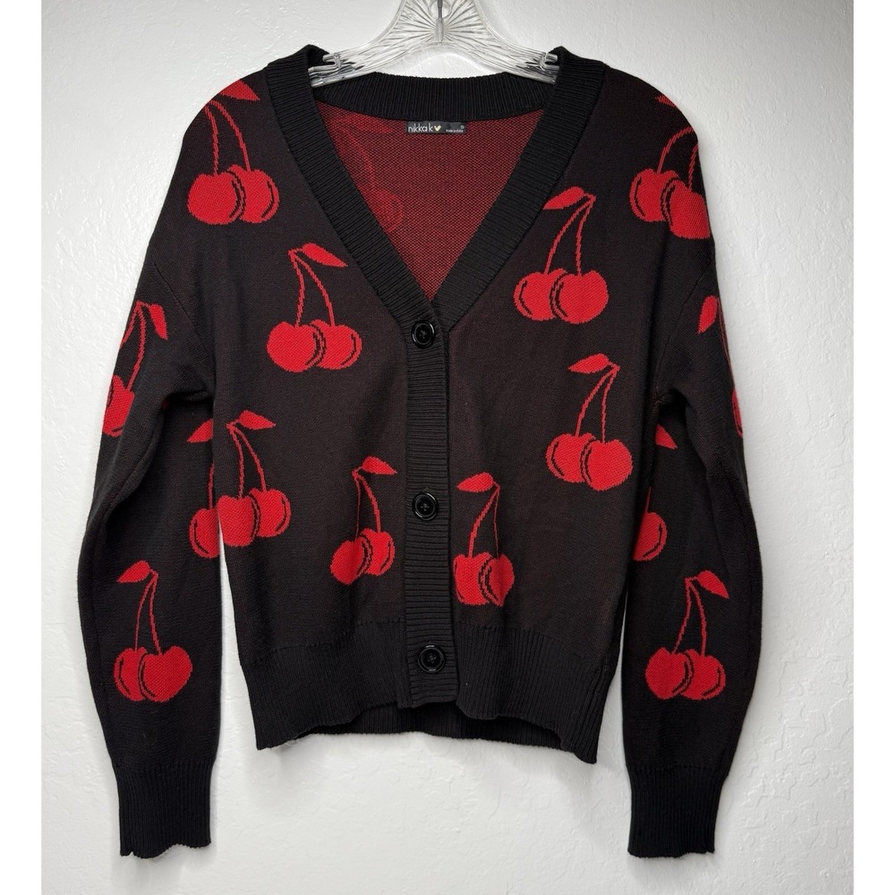 Nikka K Cherry Cardigan Sweater Black Red V Neck Button Front Size S Rockabilly